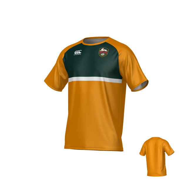 The RVA T.R.C Canterbury Legacy Performance Tee by Teamatical features short sleeves, a gold body, dark green chest panel, white stripe, and the team logo displayed prominently on the chest; the back view appears in the lower right corner. Designed with moisture-wicking fabric and an athletic cut, this rugby performance tee delivers lasting comfort and style whether you’re on or off the field.