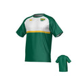 The Teamatical Siena College Canterbury Performance Tee features green and white short sleeves, a yellow chest stripe, and the Siena Rugby logo on the left chest; back view included.