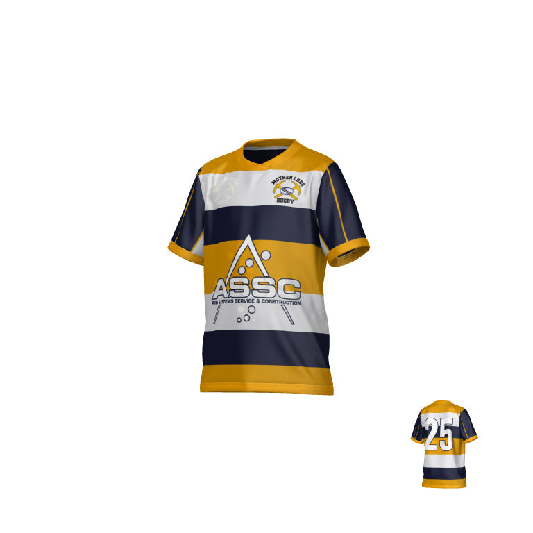 Mother Lode DNA Oxford Reversible Jersey - Youth in gold and navy horizontal stripes, featuring a rugby club logo, an “ASSC” graphic, and the number 25 on the back.