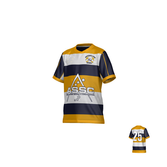 Mother Lode DNA Oxford Reversible Jersey - Youth in gold and navy horizontal stripes, featuring a rugby club logo, an “ASSC” graphic, and the number 25 on the back.