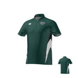The Teamatical Woodlands Rugby Canterbury Performance Polo features dark green short sleeves, a white and black side design, team logo on the chest, and manufacturer’s logo opposite. Front and back views shown.