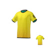 This reversible referee jersey from Teamatical, named the World Rugby Shop Referee Reversible Jersey in Gold/Green, features a yellow side with black trim and a striking diagonal stripe pattern. Made from moisture-wicking polyester, the sleeve displays "World Rugby Shop." The images show both the front and back views of the shirt.
