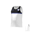 The Teamatical OMBAC Youth Rugby Canterbury Performance Singlet is a sleeveless sports jersey featuring a black and white design, blue chest stripe, and a shield logo on the upper left.