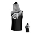 The Missoula All-Maggots Sleeveless Hoodie Tee by Teamatical features a sleeveless black and gray design with a white circular abstract motif on the front and diagonal gray stripes across the chest and shoulder.