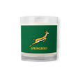 A PF LIC South Africa rugby-themed Springboks Glass Jar Soy Wax Candle featuring the iconic Springboks logo.