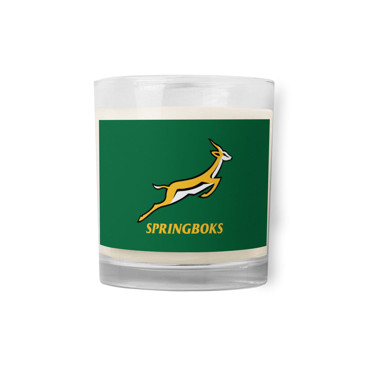 A PF LIC South Africa rugby-themed Springboks Glass Jar Soy Wax Candle featuring the iconic Springboks logo.