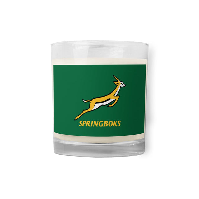A PF LIC South Africa rugby-themed Springboks Glass Jar Soy Wax Candle featuring the iconic Springboks logo.