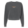 Introducing the Godzilla Rugby Football Club Women’s Garment-Dyed Mid-Length Crewneck Sweatshirt by EMB S&S Activewear. This dark gray, heavyweight fleece sweatshirt features a mid-length, slightly cropped silhouette for a contemporary look. The front center showcases “GORZILLA” and a gorilla graphic, making it a standout piece for any wardrobe.