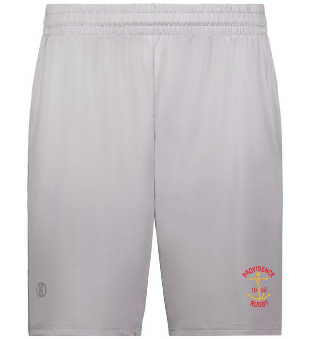 A Rhode Island Rugby Club Coolcore Pocketed Gym Short by WRS Augusta with a red and yellow logo on it.
