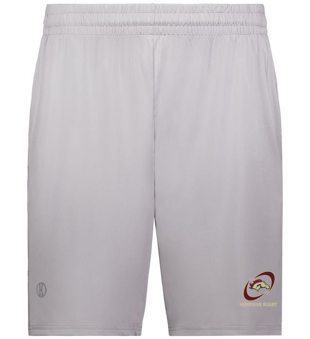 White Herriman High School Coolcore Pocketed Gym Shorts with an elastic waistband and a logo of the WRS Augusta rugby team on the right leg.
