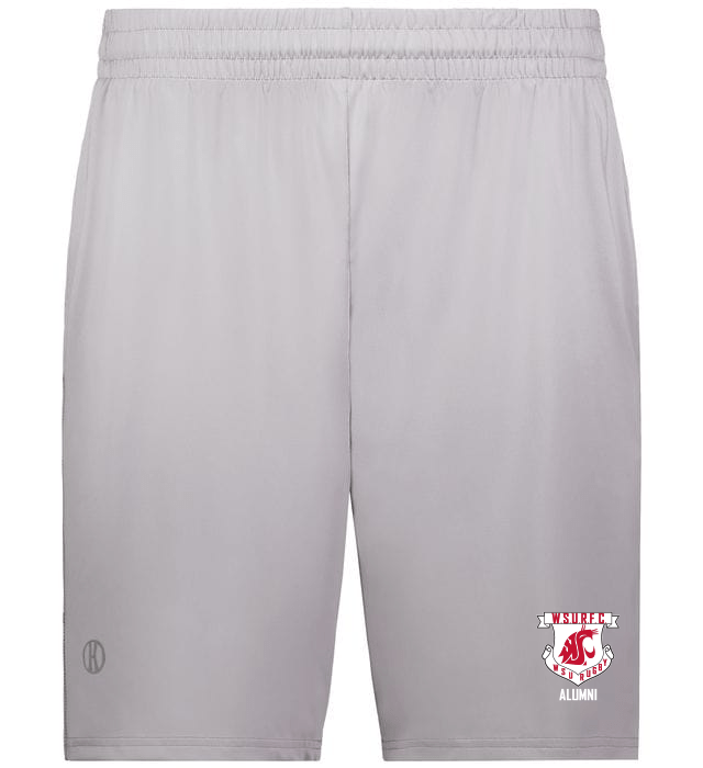 A Washington State Rugby Alumni Coolcore Pocketed Gym Short by WRS Augusta with a red and white logo.
