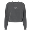 The EMB S&S Activewear Hornets Rugby Club 1977 Women’s Garment-Dyed Mid-Length Crewneck Sweatshirt features a dark gray color, small “hornets RUGBY CLUB 1977” print in white on the front center, and is crafted from heavyweight fleece for lasting comfort and warmth.