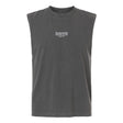 The Hornets Rugby Club 1977 Unisex Heavyweight Cotton Garment-Dyed Mid-Length Muscle Tee by EMB S&S Activewear is a sleeveless dark gray top, featuring small white “hornets RUGBY CLUB 1977” text printed on the chest.