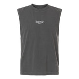 The Hornets Rugby Club 1977 Unisex Heavyweight Cotton Garment-Dyed Mid-Length Muscle Tee by EMB S&S Activewear is a sleeveless dark gray top, featuring small white “hornets RUGBY CLUB 1977” text printed on the chest.