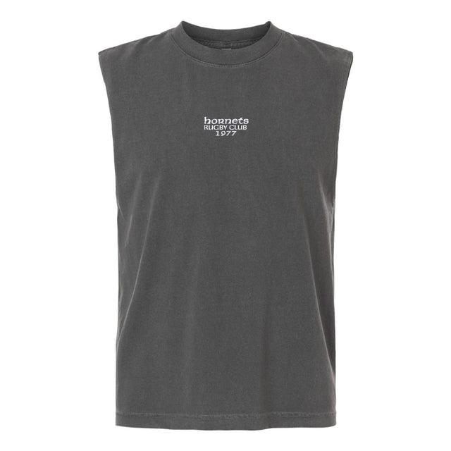 The Hornets Rugby Club 1977 Unisex Heavyweight Cotton Garment-Dyed Mid-Length Muscle Tee by EMB S&S Activewear is a sleeveless dark gray top, featuring small white “hornets RUGBY CLUB 1977” text printed on the chest.