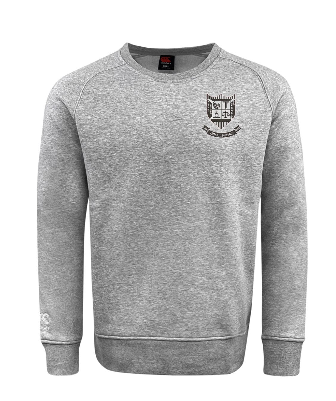 The Troy University RFC 15th Anniversary Club Crew Sweatshirt by WRS Canterbury is ultra-soft and gray, featuring a small embroidered crest on the left chest and an embroidered logo near the left cuff.