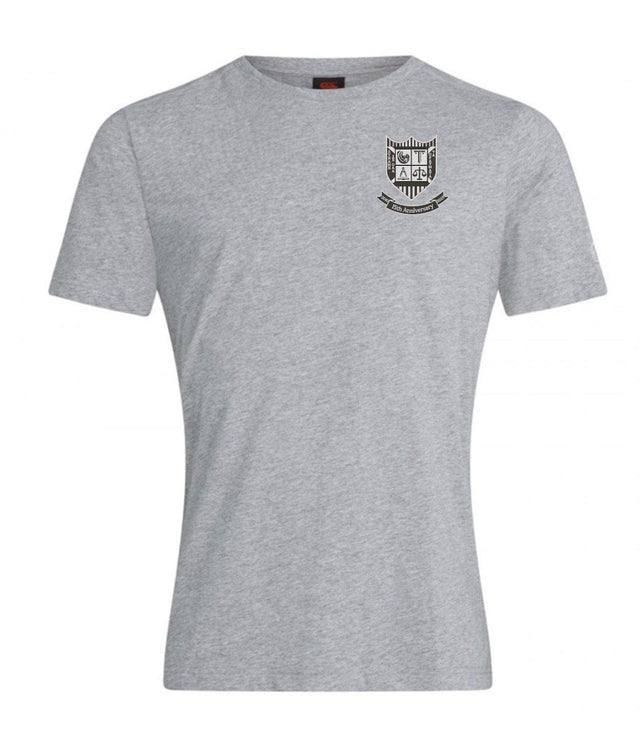 Gray cotton blend T-shirt featuring a small crest logo on the left chest, part of the Troy University RFC 15th Anniversary Club Plain Tee collection by WRS Canterbury.