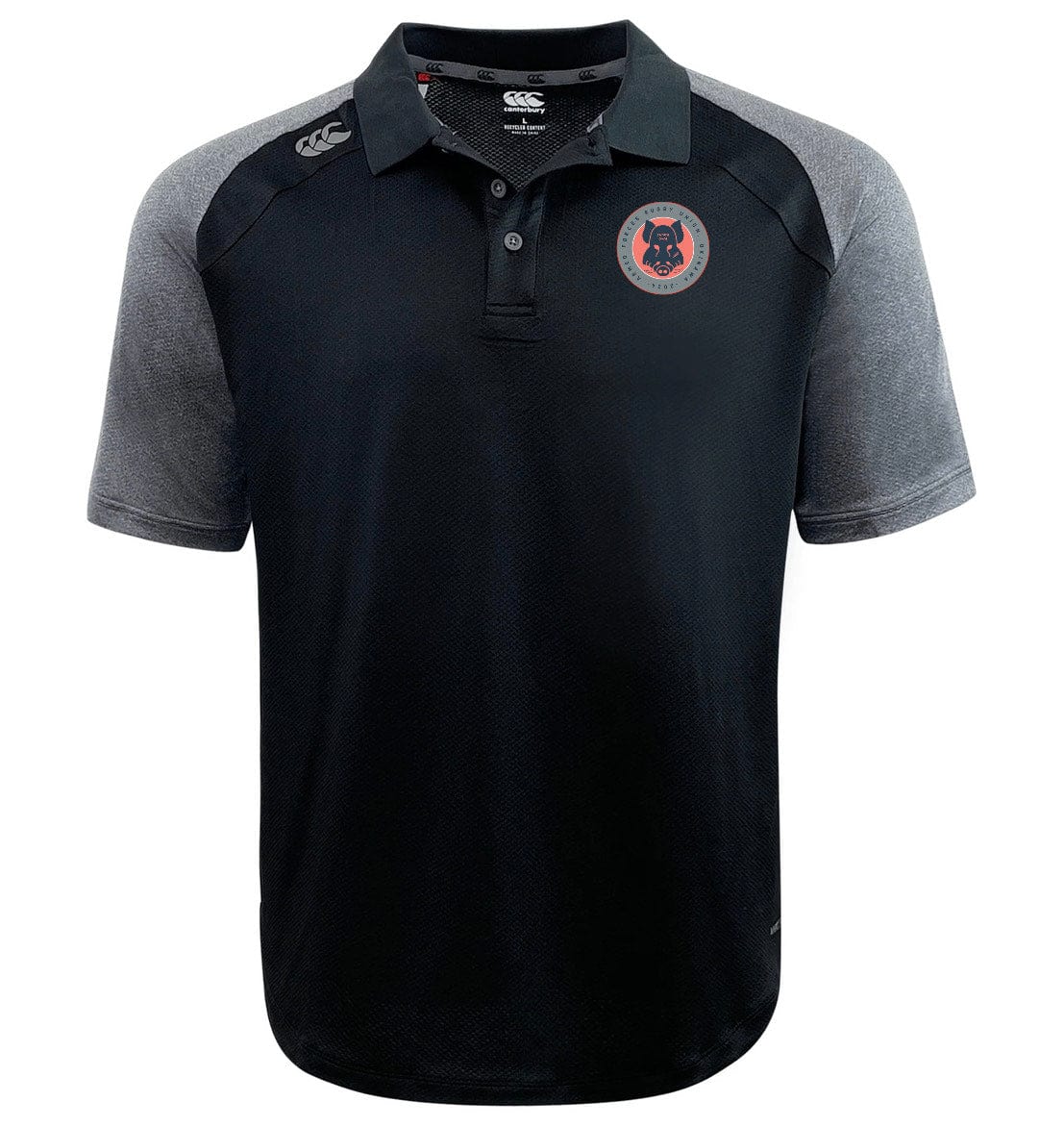 Black and gray EMB Canterbury polo shirt with a collar and Armed Forces RFU Okinawa Elite Polo logo on the left chest.
