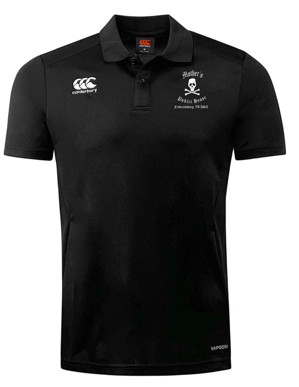 A black University of Mary Washington Mother's Public House Club Dry Polo by EMB Canterbury featuring an embroidered white skull graphic and "Mother's Hell's Kitchen" text on the left chest, and the Canterbury logo on the right chest. This breathable polo incorporates Vapodri Technology to keep you comfortable all day.