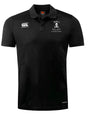 A black University of Mary Washington Mother's Public House Club Dry Polo by EMB Canterbury featuring an embroidered white skull graphic and "Mother's Hell's Kitchen" text on the left chest, and the Canterbury logo on the right chest. This breathable polo incorporates Vapodri Technology to keep you comfortable all day.
