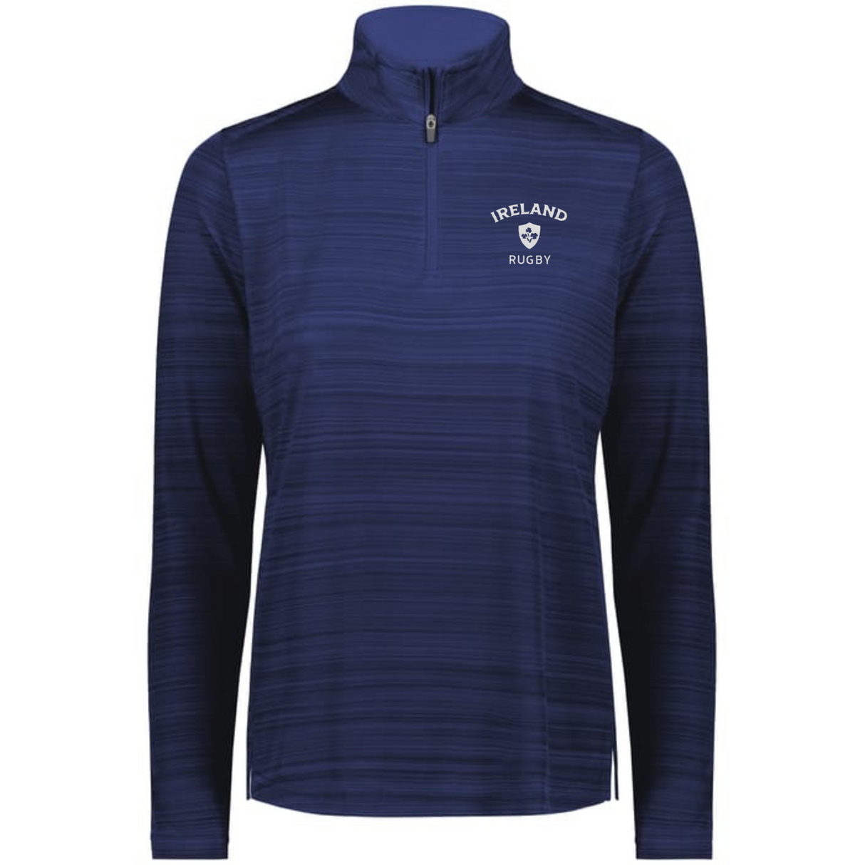 The EMB Augusta Women's Nations of Rugby Ireland Pursuit 1/4 Zip Pullover in navy features moisture-wicking fabric and "IRELAND RUGBY" with a rugby ball logo on the left chest.