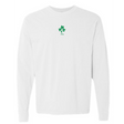 The Ireland Vintage Long Sleeve Comfort Tee by EMB S&S Activewear features a white design with a small green clover and "1875" printed on the upper chest.