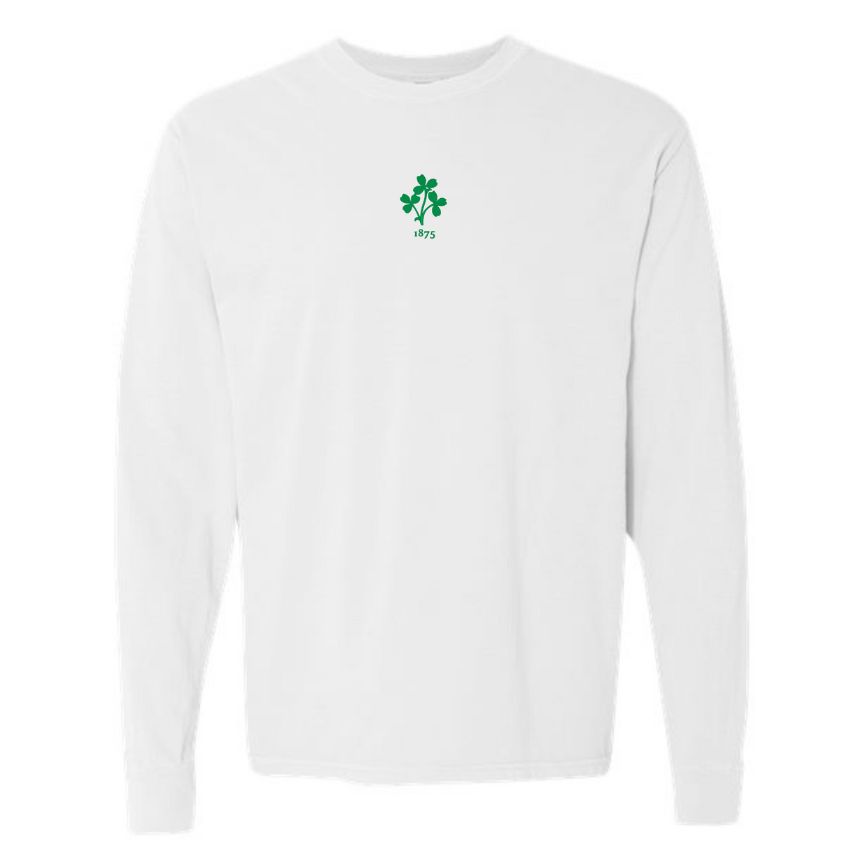 The Ireland Vintage Long Sleeve Comfort Tee by EMB S&S Activewear features a white design with a small green clover and "1875" printed on the upper chest.