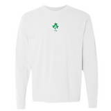 The Ireland Vintage Long Sleeve Comfort Tee by EMB S&S Activewear features a white design with a small green clover and "1875" printed on the upper chest.