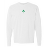 The Ireland Vintage Long Sleeve Comfort Tee by EMB S&S Activewear features a white design with a small green clover and "1875" printed on the upper chest.