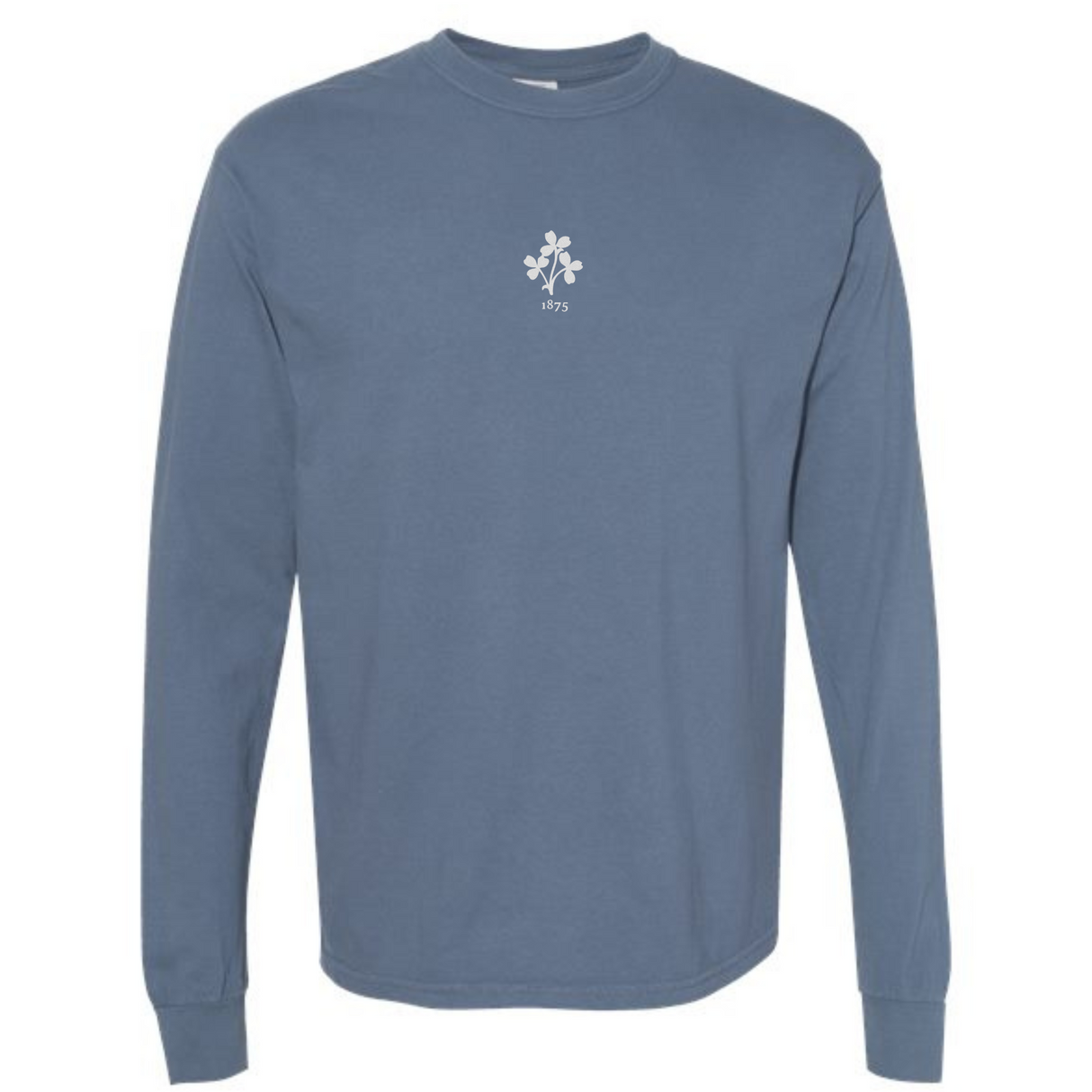 The EMB S&S Activewear Ireland Vintage Long Sleeve Comfort Tee is a blue top with a small white emblem and "1873" on the chest.