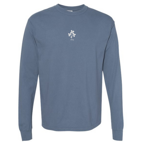 The EMB S&S Activewear Ireland Vintage Long Sleeve Comfort Tee is a blue top with a small white emblem and "1873" on the chest.