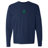 The Ireland Vintage Long Sleeve Comfort Tee by EMB S&S Activewear is a navy blue shirt featuring a small green clover and "1975" on the center chest.