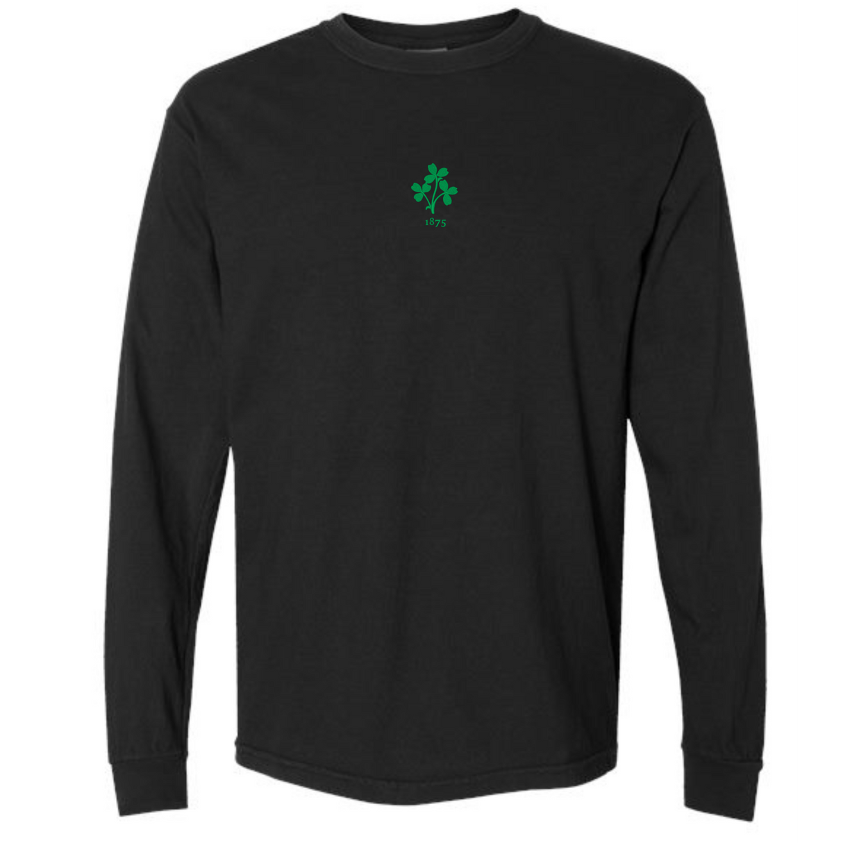 The EMB S&S Activewear Ireland Vintage Long Sleeve Comfort Tee features a black design with a small green clover and "1975" printed on the upper chest.