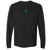 The EMB S&S Activewear Ireland Vintage Long Sleeve Comfort Tee features a black design with a small green clover and "1975" printed on the upper chest.
