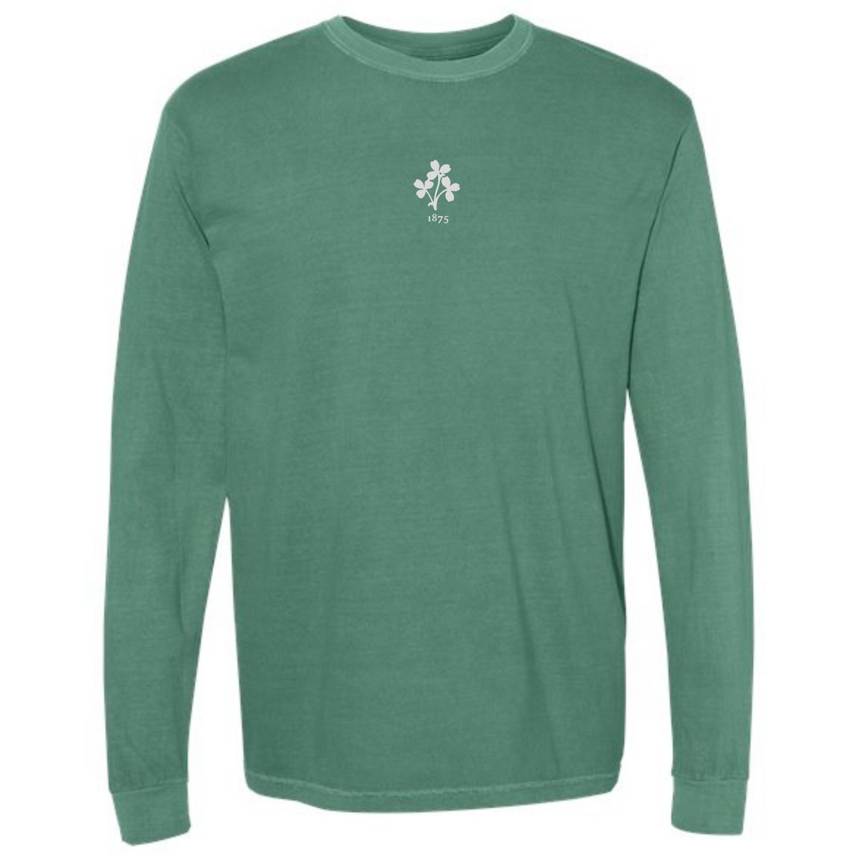 The EMB S&S Activewear Ireland Vintage Long Sleeve Comfort Tee features a small white floral emblem and "1873" printed on the upper left chest.