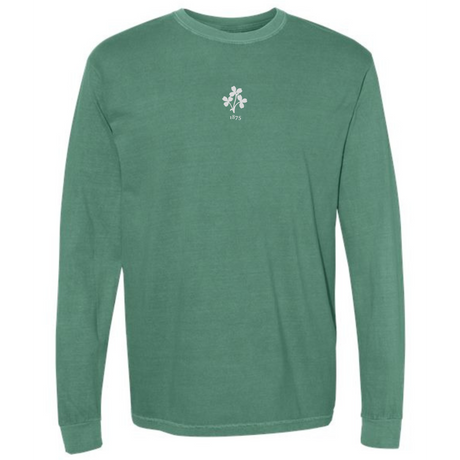 The EMB S&S Activewear Ireland Vintage Long Sleeve Comfort Tee features a small white floral emblem and "1873" printed on the upper left chest.