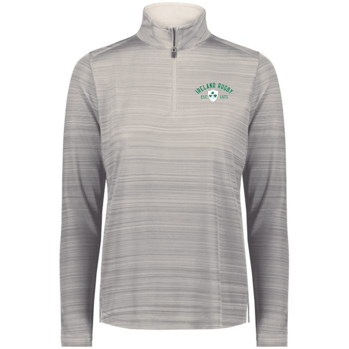 The EMB Augusta Women's Nations of Rugby Ireland 1875 Pursuit 1/4 Zip Pullover features light gray horizontal stripes and an "Ireland Rugby Est. 1875" chest logo—ideal style and comfort for fans and players.