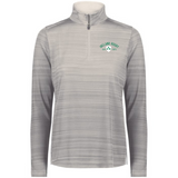 The EMB Augusta Women's Nations of Rugby Ireland 1875 Pursuit 1/4 Zip Pullover features light gray horizontal stripes and an "Ireland Rugby Est. 1875" chest logo—ideal style and comfort for fans and players.