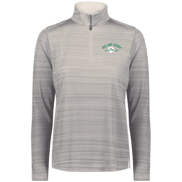The EMB Augusta Women's Nations of Rugby Ireland 1875 Pursuit 1/4 Zip Pullover features light gray horizontal stripes and an "Ireland Rugby Est. 1875" chest logo—ideal style and comfort for fans and players.