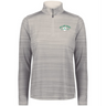 The EMB Augusta Women's Nations of Rugby Ireland 1875 Pursuit 1/4 Zip Pullover features light gray horizontal stripes and an "Ireland Rugby Est. 1875" chest logo—ideal style and comfort for fans and players.