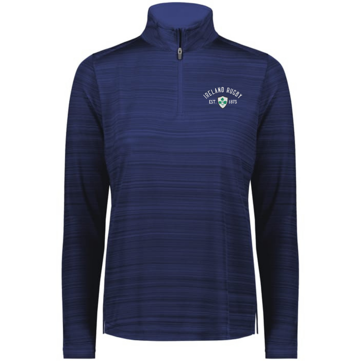 The EMB Augusta Women's Nations of Rugby Ireland 1875 Pursuit 1/4 Zip Pullover in navy features "Ireland Rugby Est. 1875" and a logo on the left chest, plus moisture-wicking fabric for all-day comfort.