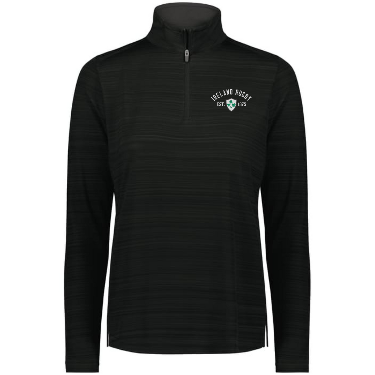 The EMB Augusta Women's Nations of Rugby Ireland 1875 Pursuit 1/4 Zip Pullover is a black, moisture-wicking long sleeve top with "Ireland Rugby EST 1875" and a shamrock logo embroidered on the left chest.