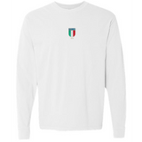 The EMB S&S Activewear Italy Vintage Long Sleeve Comfort Tee features a small Italia crest with Italian flag colors and "ITALIA 1939" text on the upper chest, offering a classic vintage look.