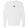 The EMB S&S Activewear Italy Vintage Long Sleeve Comfort Tee features a small Italia crest with Italian flag colors and "ITALIA 1939" text on the upper chest, offering a classic vintage look.