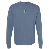 The EMB S&S Activewear Italy Vintage Long Sleeve Comfort Tee features a blue design with the Italia shield logo and "1979" on the left chest.