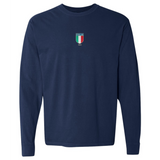 The Italy Vintage Long Sleeve Comfort Tee by EMB S&S Activewear is a navy shirt featuring a small Italia shield logo and “1999” on the chest, adding an authentic vintage Italian vibe.