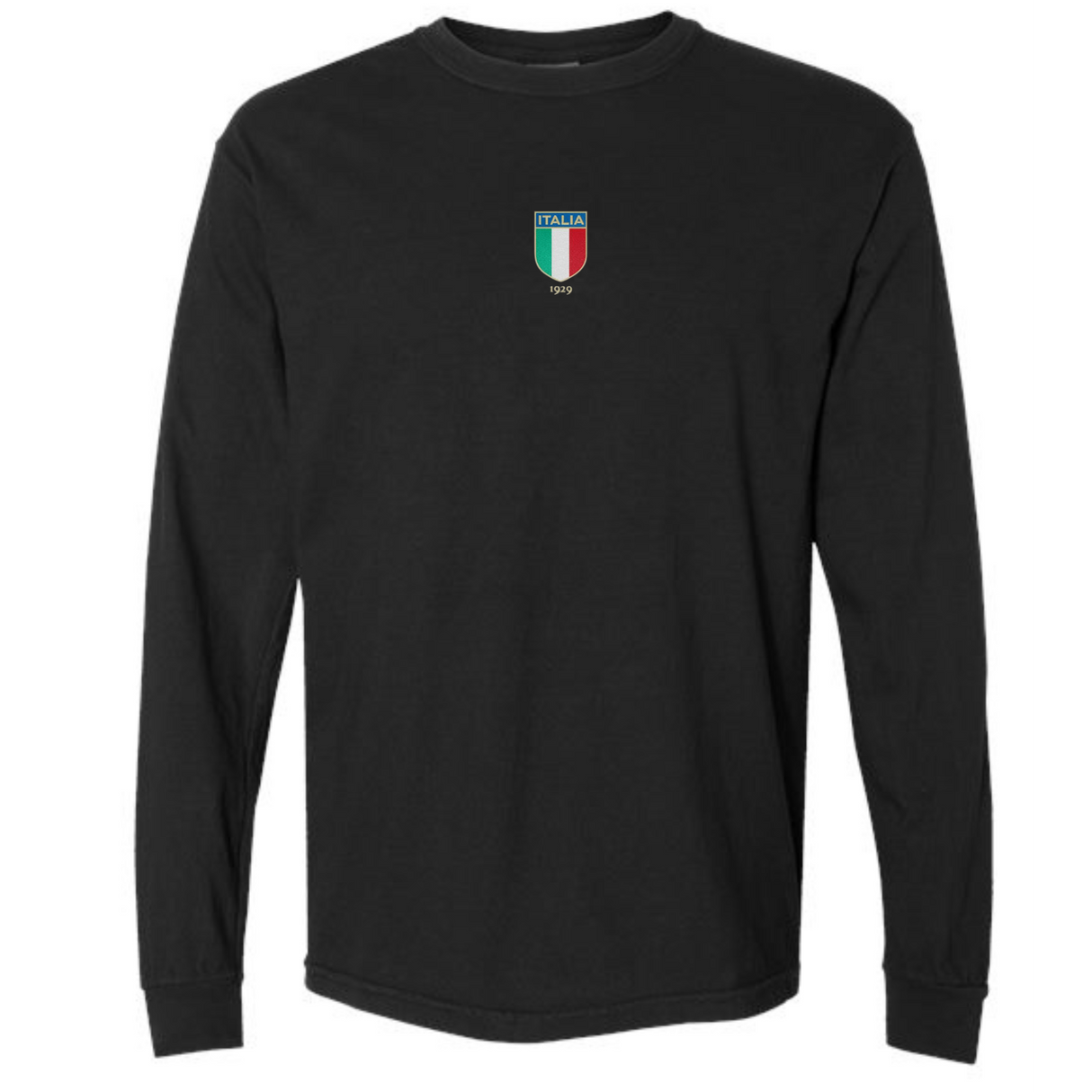 The Italy Vintage Long Sleeve Comfort Tee by EMB S&S Activewear features a black design with a small Italia crest and '1999' on the chest—ideal for fans of Italian vintage style.