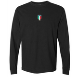 The Italy Vintage Long Sleeve Comfort Tee by EMB S&S Activewear features a black design with a small Italia crest and '1999' on the chest—ideal for fans of Italian vintage style.