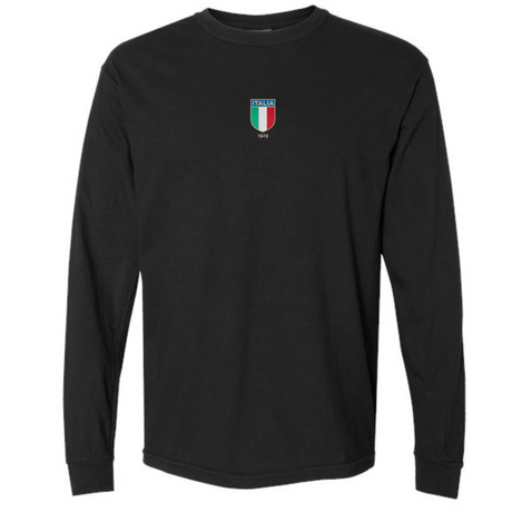 The Italy Vintage Long Sleeve Comfort Tee by EMB S&S Activewear features a black design with a small Italia crest and '1999' on the chest—ideal for fans of Italian vintage style.