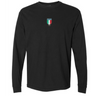 The Italy Vintage Long Sleeve Comfort Tee by EMB S&S Activewear features a black design with a small Italia crest and '1999' on the chest—ideal for fans of Italian vintage style.
